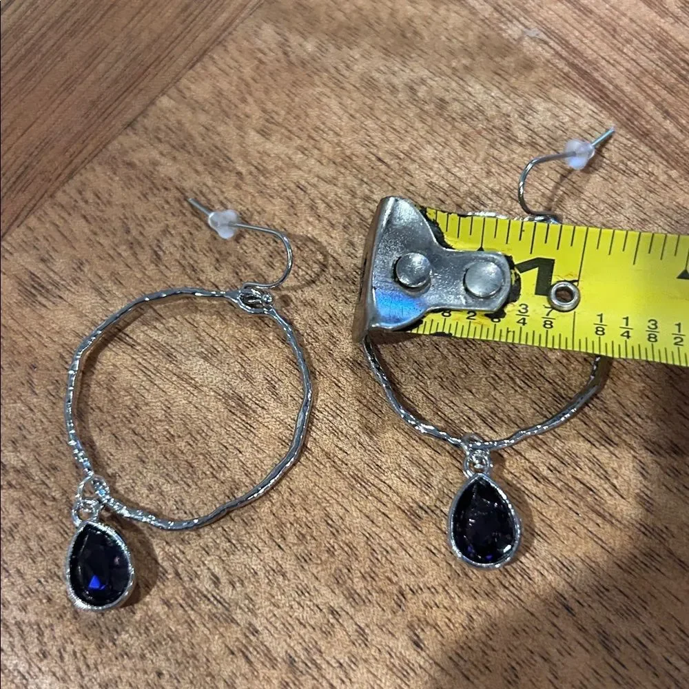 Purple -Textured Silver Hoop Drop Earrings Dark Purple Charm Formal Casual Chic